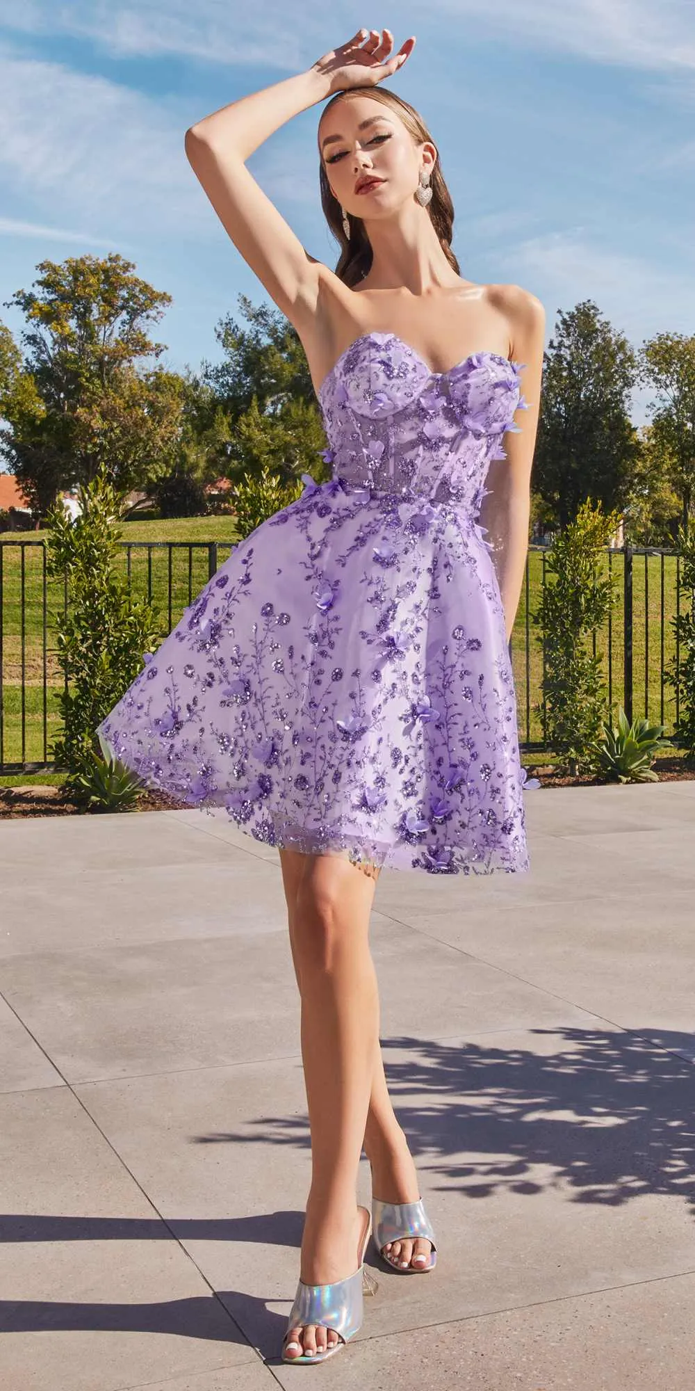 Ladivine KV1089 Short Floral Strapless A-Line Dress with Puff Sleeves