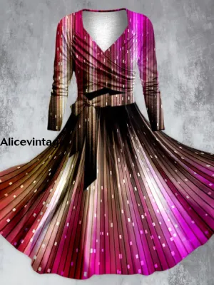 Laser Light Print V-Neck Long Sleeve Midi Dress