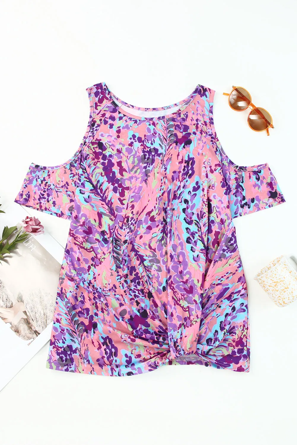 Lavender Floral Print Cold Shoulder Blouse