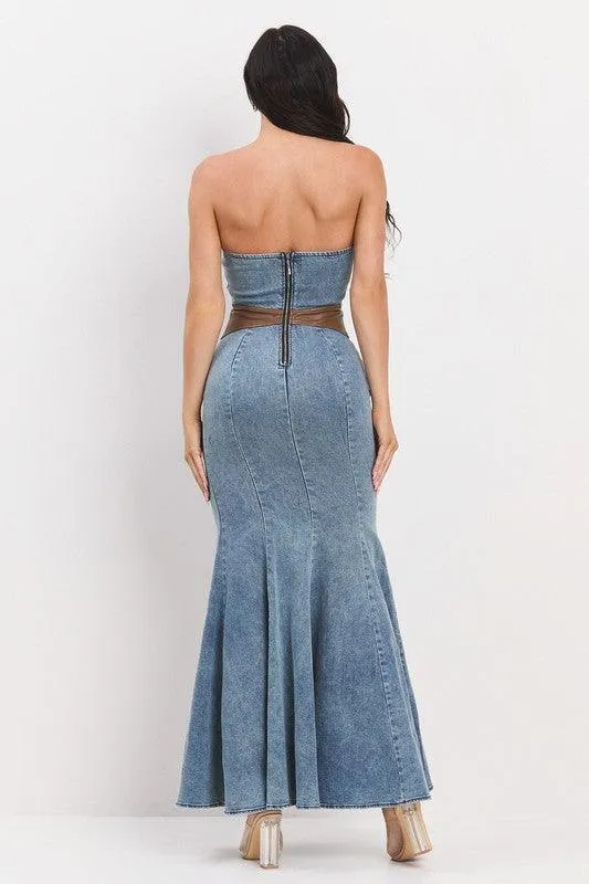 LEATHER MIX DENIM MERMAID DRESS