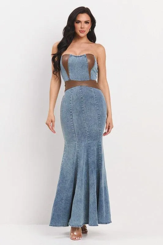 LEATHER MIX DENIM MERMAID DRESS