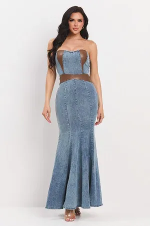 LEATHER MIX DENIM MERMAID DRESS