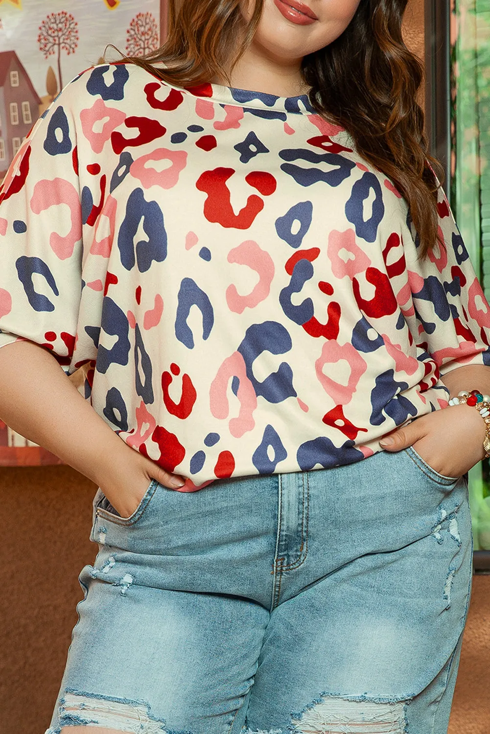 Leopard Batwing Sleeve Plus Blouse
