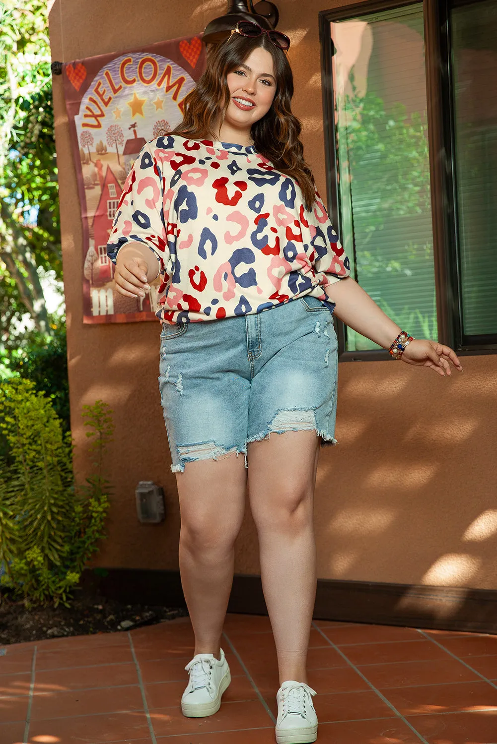 Leopard Batwing Sleeve Plus Blouse