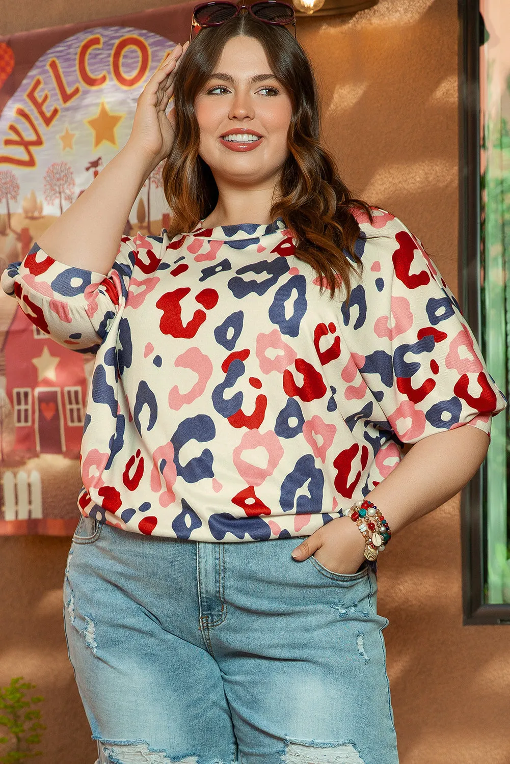 Leopard Batwing Sleeve Plus Blouse