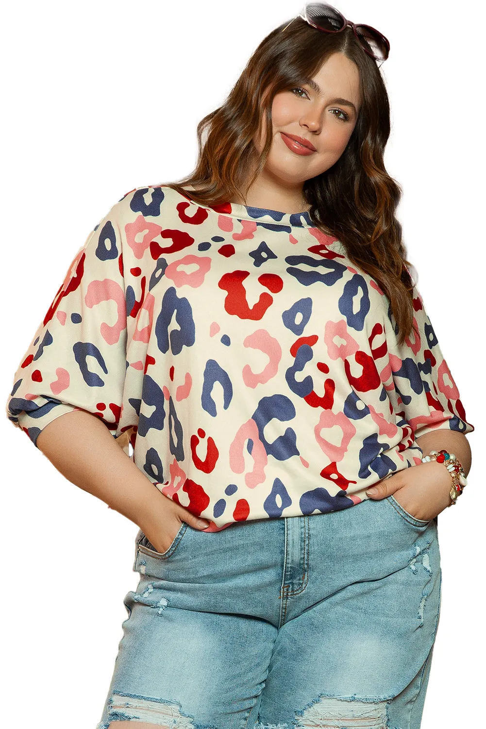 Leopard Batwing Sleeve Plus Blouse