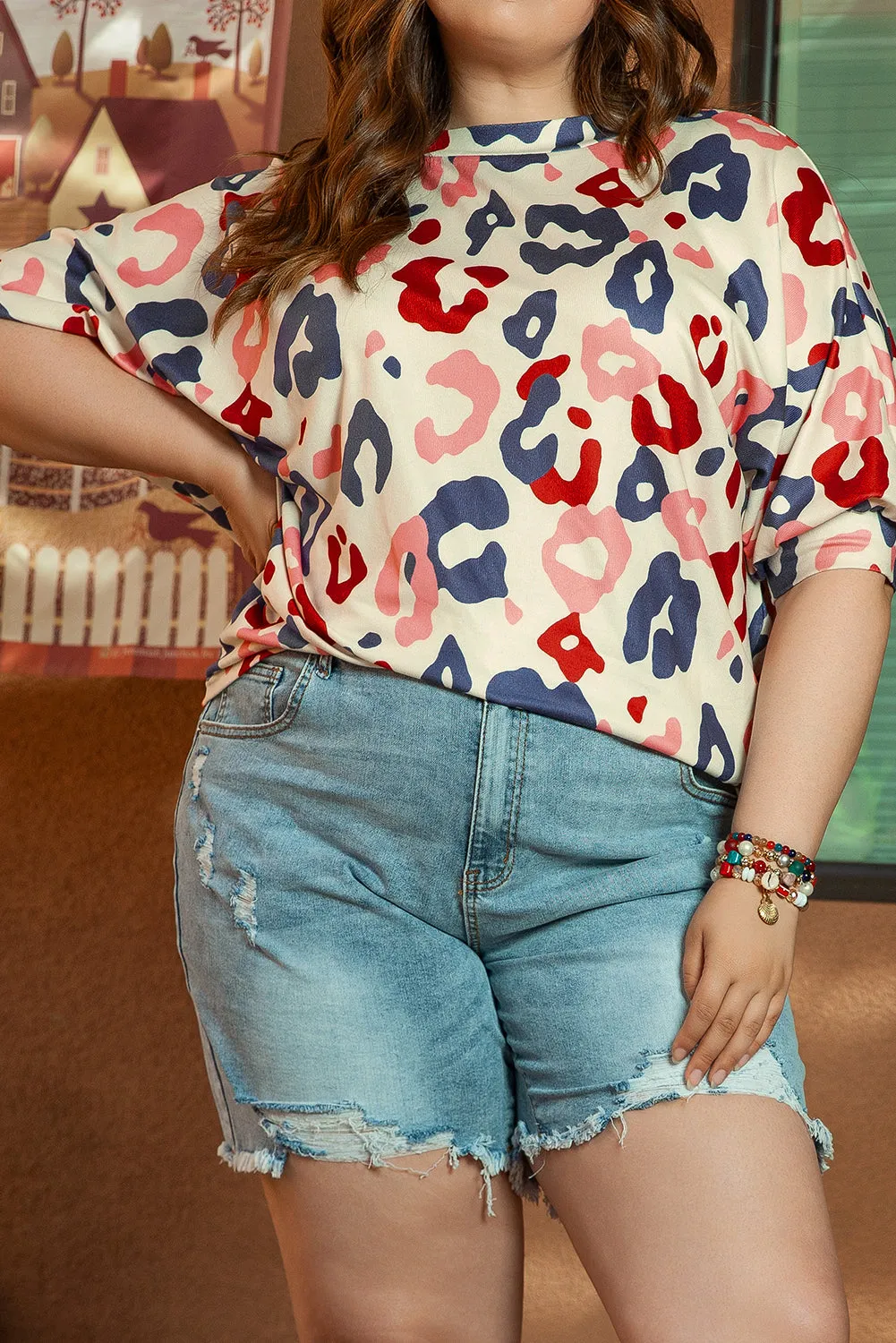 Leopard Batwing Sleeve Plus Blouse