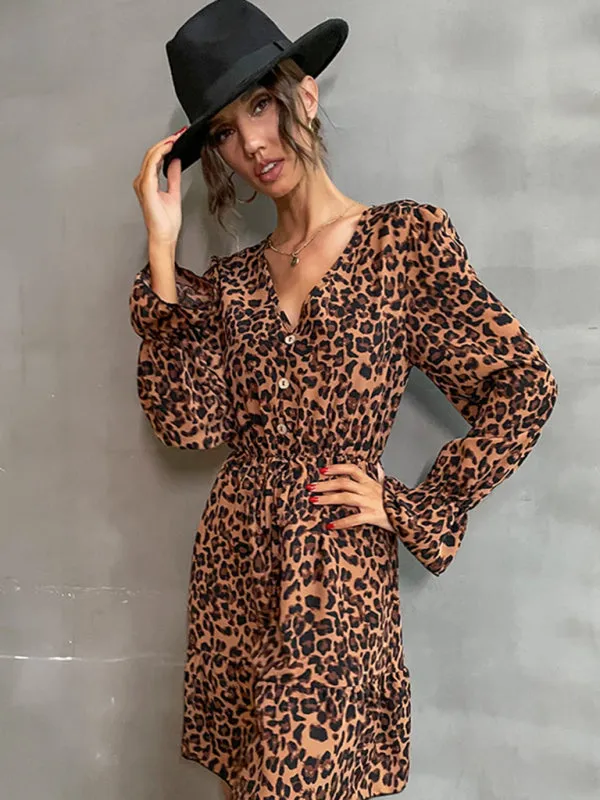 Leopard Print Mini Dress with Buttoned Front and Cinched Waist