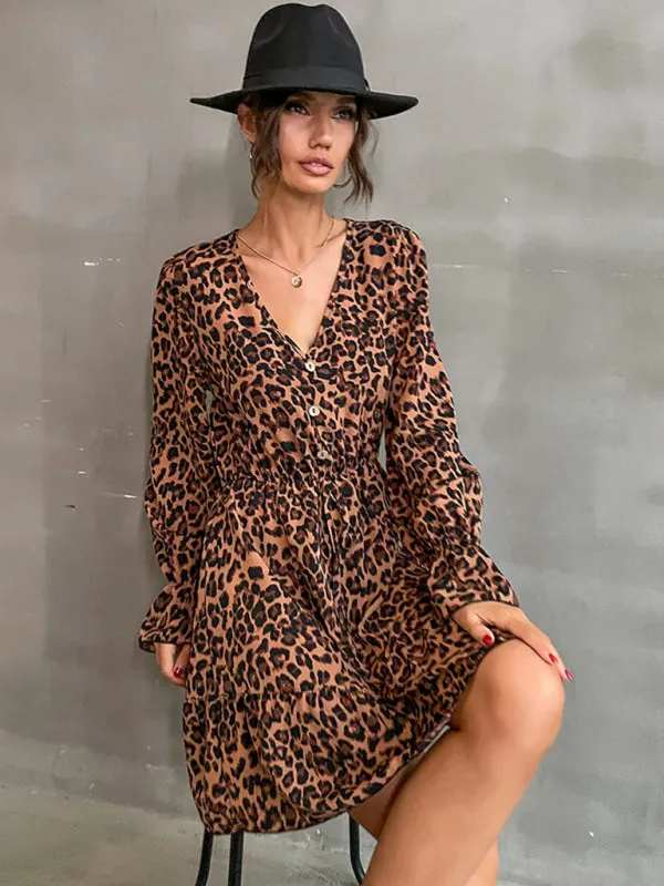 Leopard Print Mini Dress with Buttoned Front and Cinched Waist
