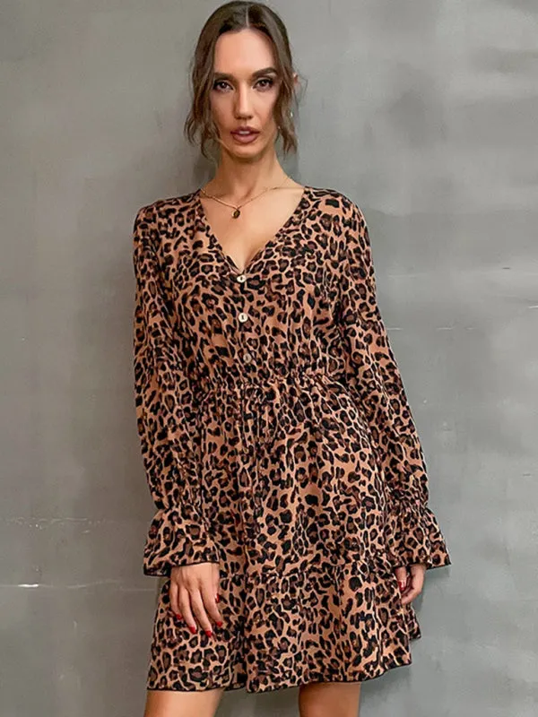 Leopard Print Mini Dress with Buttoned Front and Cinched Waist