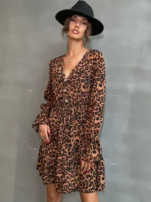 Leopard Print Mini Dress with Buttoned Front and Cinched Waist