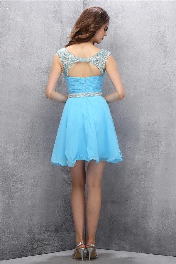 Light Blue Chiffon Beading Simple Cheap Homecoming Dress K593