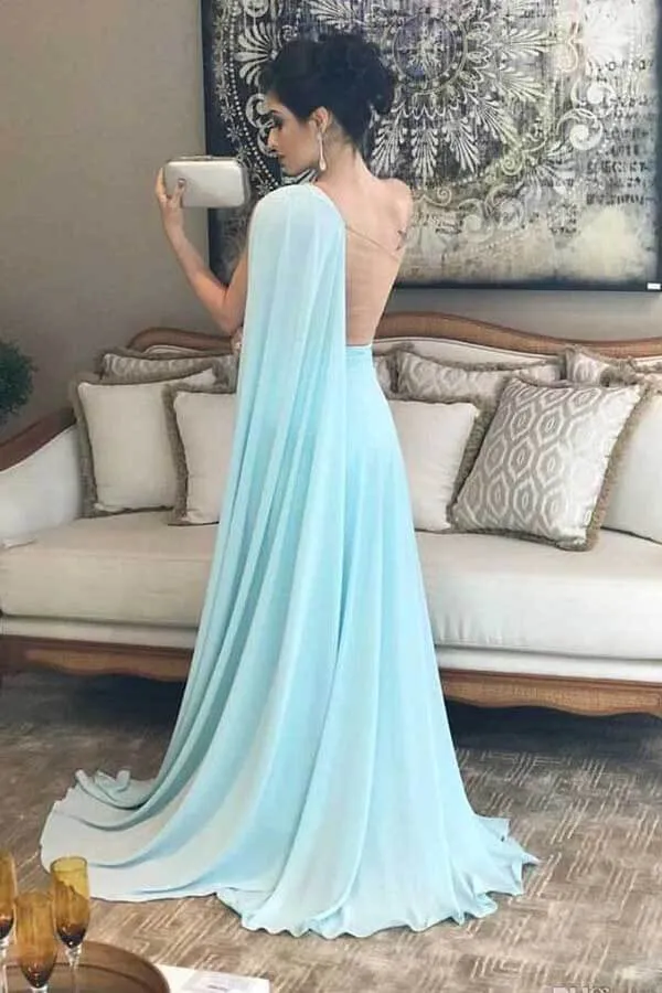 Light Blue Chiffon One Shoulder Bridesmaid Dresses, Wedding Party Dress, MBD166