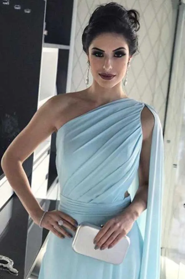 Light Blue Chiffon One Shoulder Bridesmaid Dresses, Wedding Party Dress, MBD166