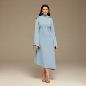 Light Blue Gathered Waist Midi Dress With Scarf