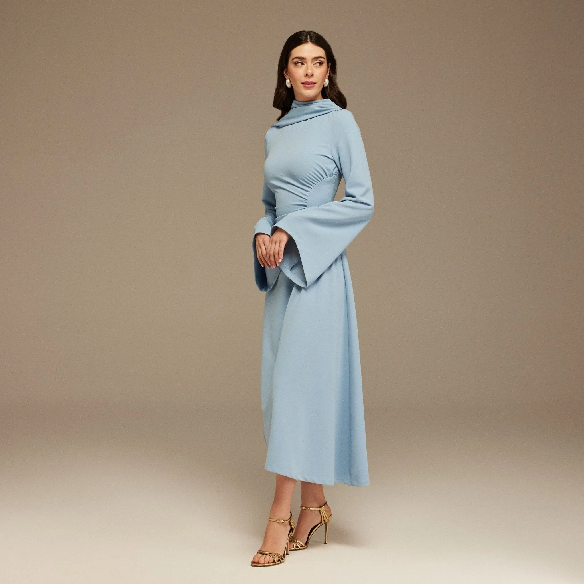 Light Blue Gathered Waist Midi Dress With Scarf