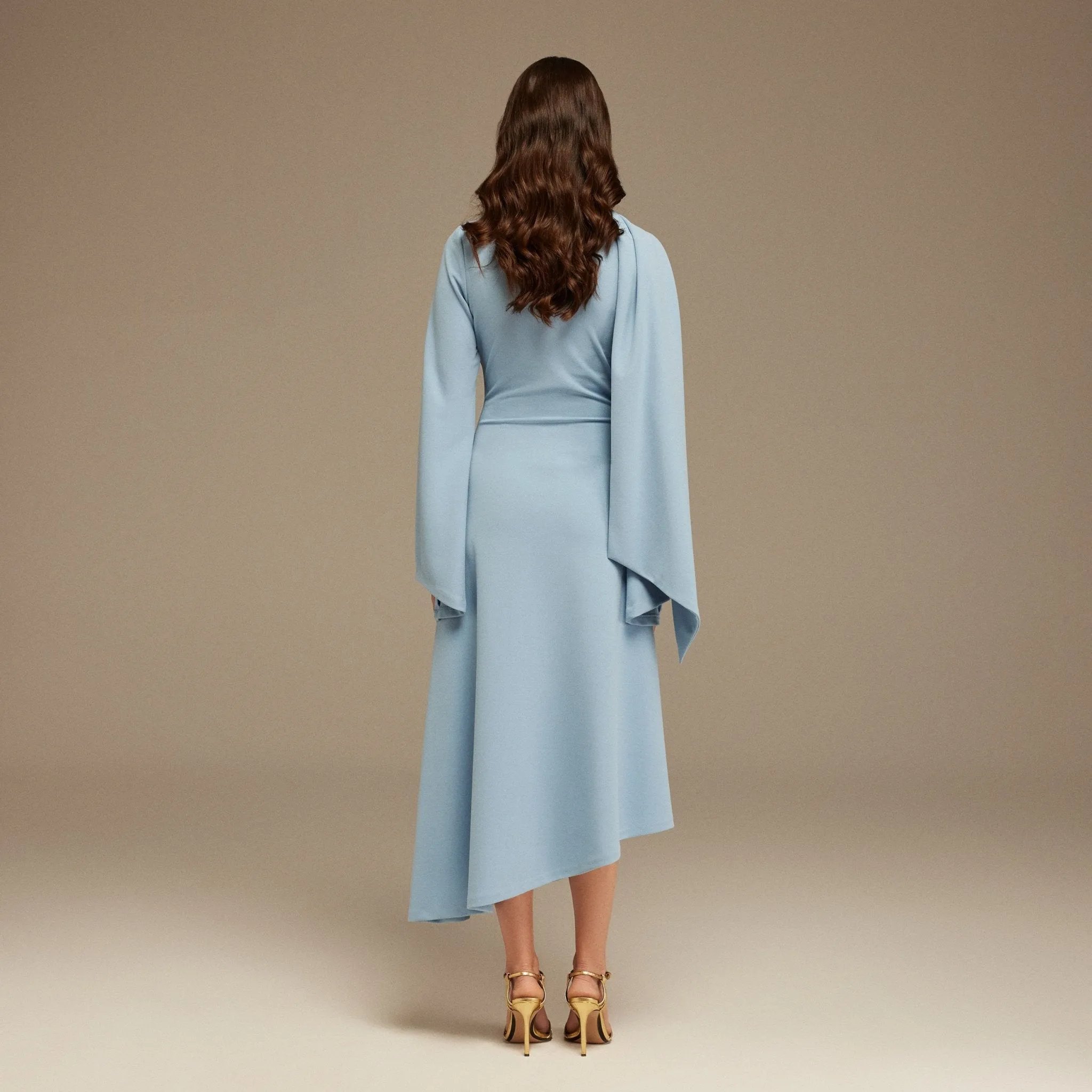 Light Blue Gathered Waist Midi Dress With Scarf