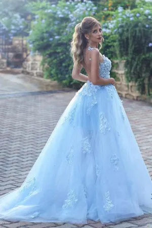 Light Blue Lace Appliques Ball Gown Prom Dresses,Princess Prom Dress OK688