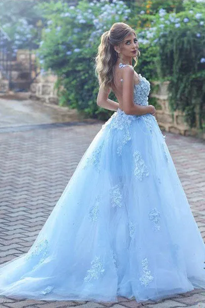 Light Blue Lace Appliques Ball Gown Prom Dresses,Princess Prom Dress OK688
