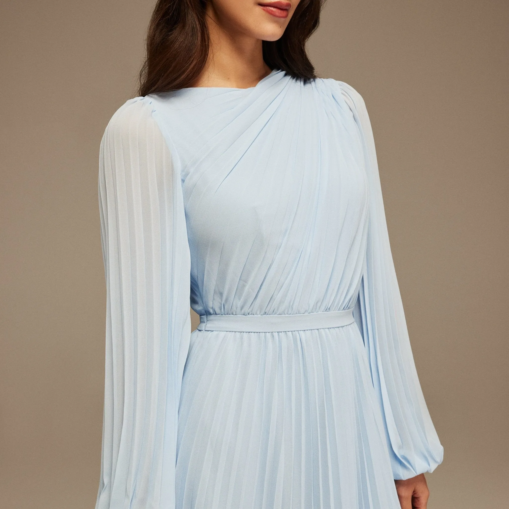 Light Blue Pleated Long Sleeve Maxi Dress