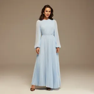 Light Blue Pleated Long Sleeve Maxi Dress