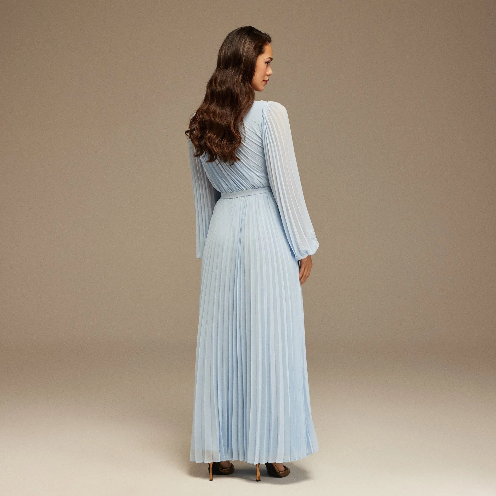 Light Blue Pleated Long Sleeve Maxi Dress