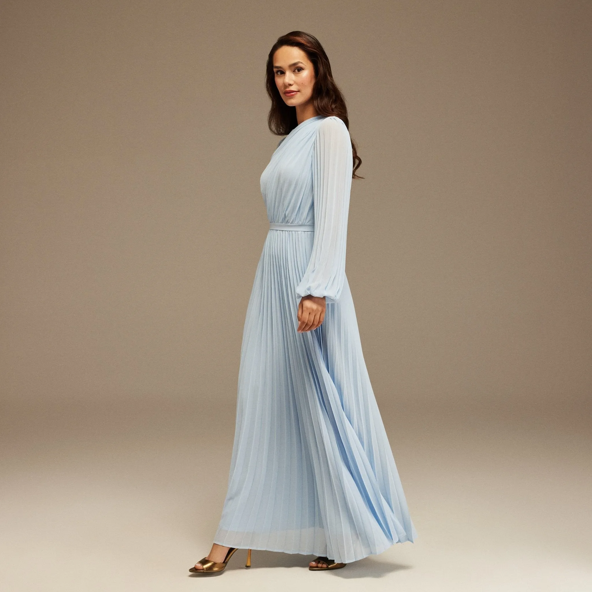 Light Blue Pleated Long Sleeve Maxi Dress