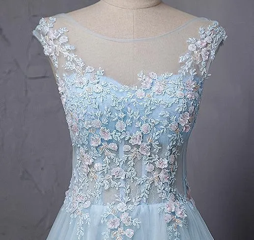 Light Blue Scoop Neckline Flower Embroidery A-Line Long Prom Dress, Beautiful Prom Dress, Prom Dresses, TYP0303