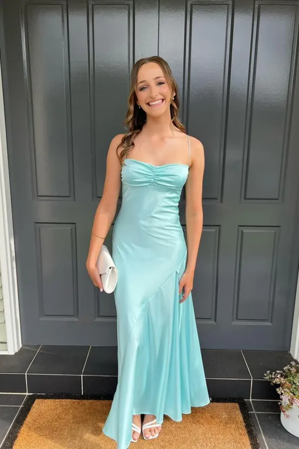 Light Blue Spaghetti Straps Prom Dress with Slit, Light Blue Party Dress APP1125