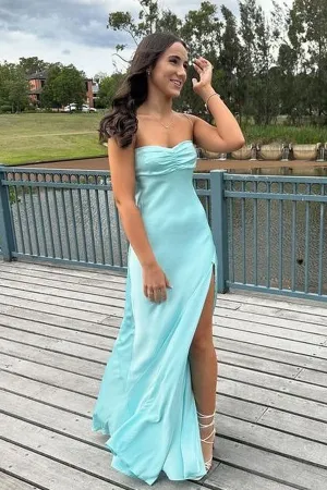 Light Blue Spaghetti Straps Prom Dress with Slit, Light Blue Party Dress APP1125