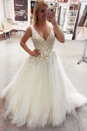 Light champagne v neck tulle lace long prom dress tulle formal dress
