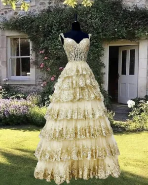 Light Gold Lace Ball Gown Dress