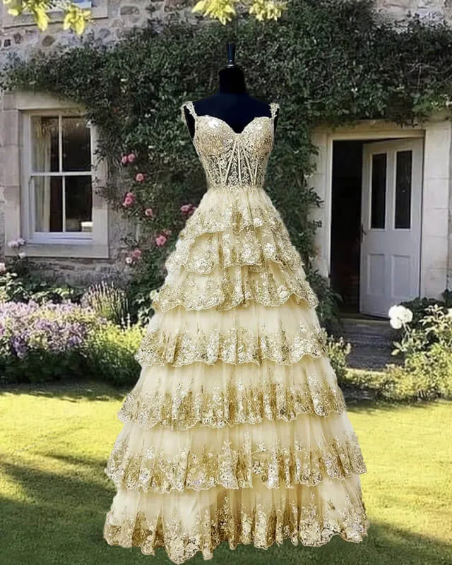 Light Gold Lace Ball Gown Dress