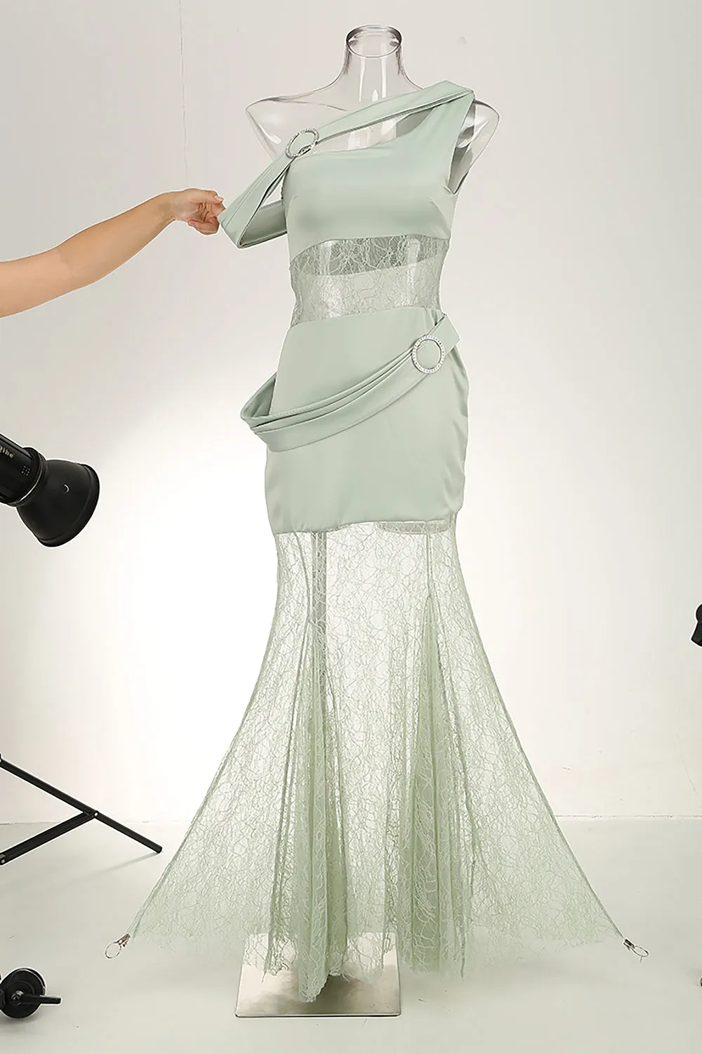 Light Green Lace Satin Off Shoulder Maxi Dress