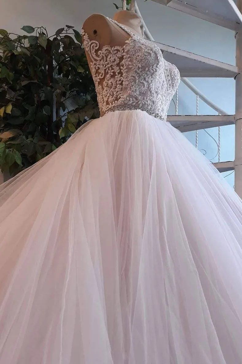 Light pink tulle lace long prom dress, wedding dress