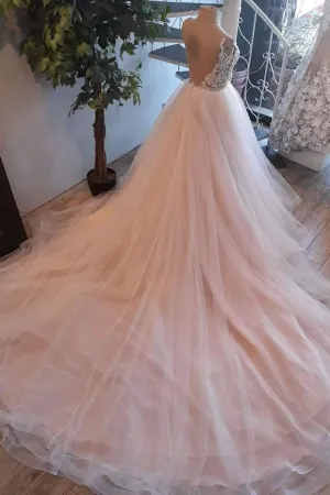 Light pink tulle lace long prom dress, wedding dress
