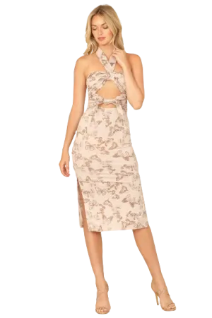Light Taupe Halter Front Cut Out Detail Butterfly Print Dress -  Pack of 6
