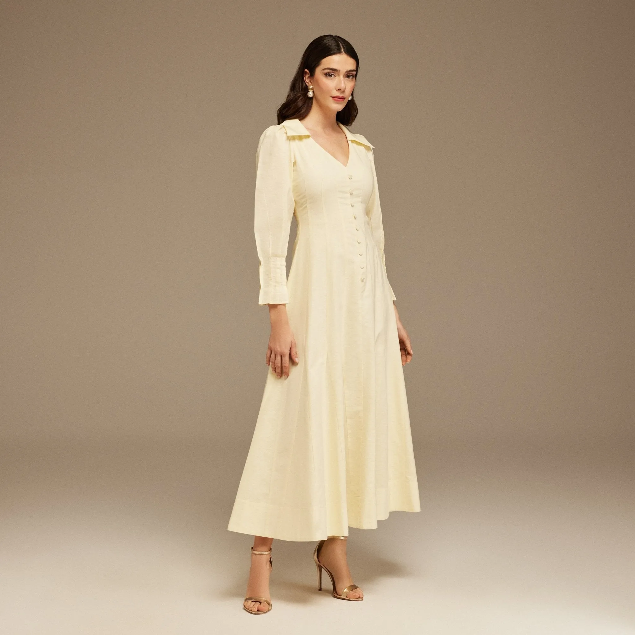 Light Yellow Long Sleeve Shirt Maxi Dress