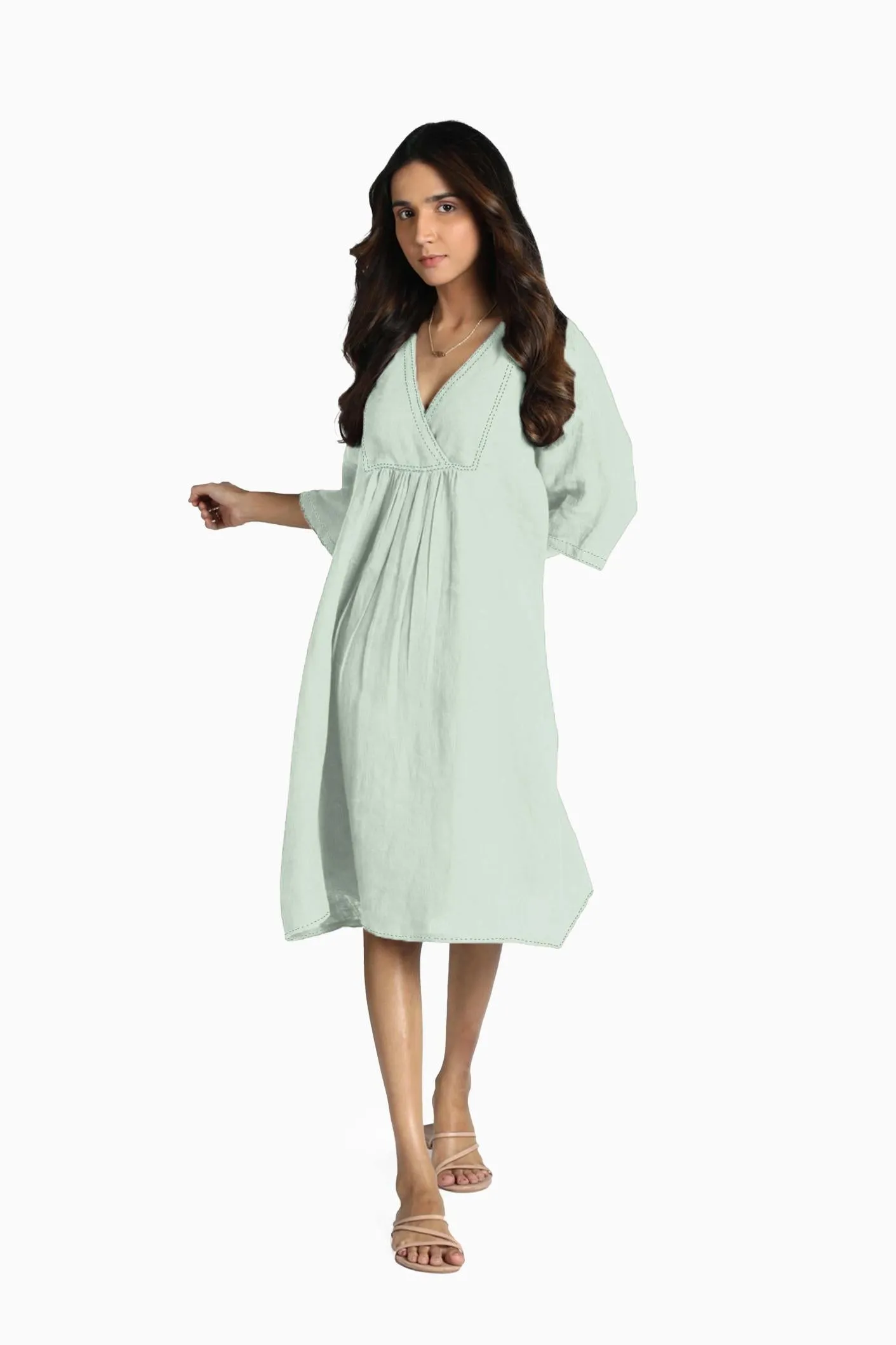 Linen Claire Midi Dress-Sage Green