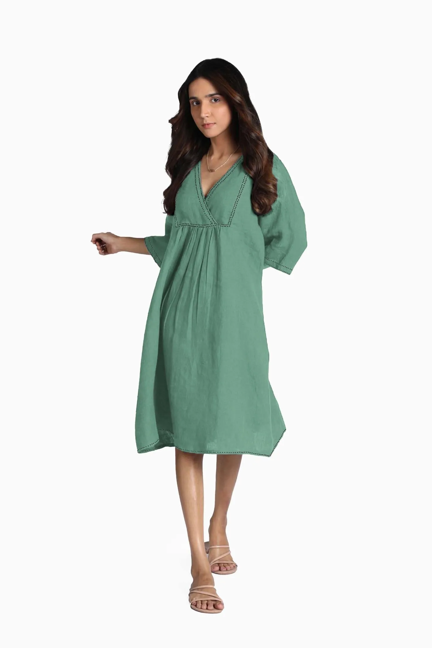 Linen Claire Midi Dress-Sage Green