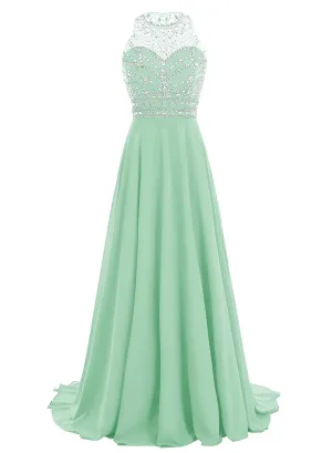 Long Chiffon Beadings Scoop Prom Dress