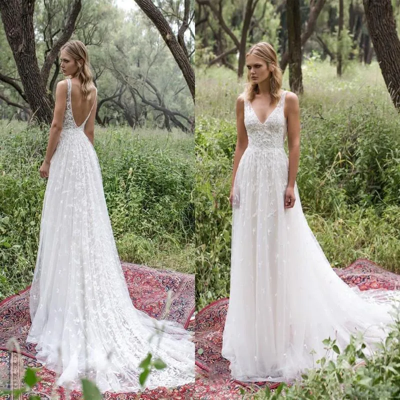 Long Lace V-Neck Vintage Country Beach Simple Soft Wedding Dresses  WD0302