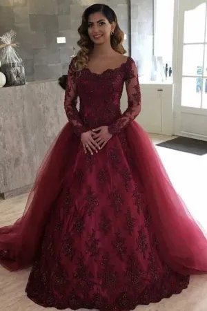 long sleeve detachable skirt prom dresses 2021 Burgundy v neck lace appliqué beaded sparkly elegant prom gowns