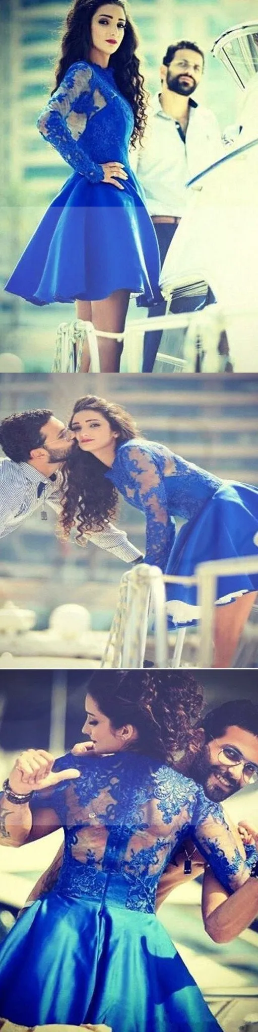 Long Sleeve Royal blue elegant vintage beauty ball gown casual homecoming prom dresses, BD00156