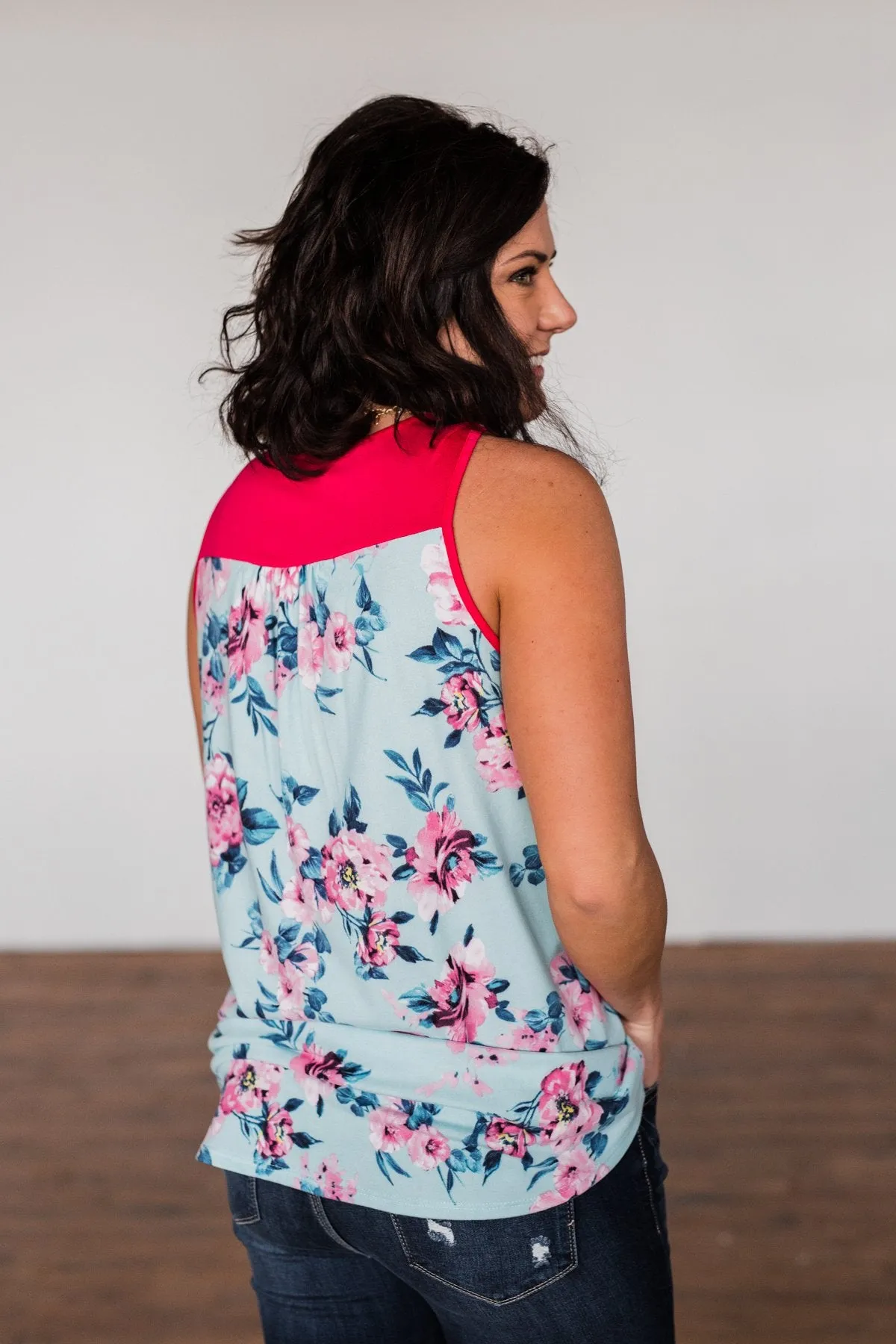 Love Me Like You Do Floral Tank Top- Light Blue & Fuchsia