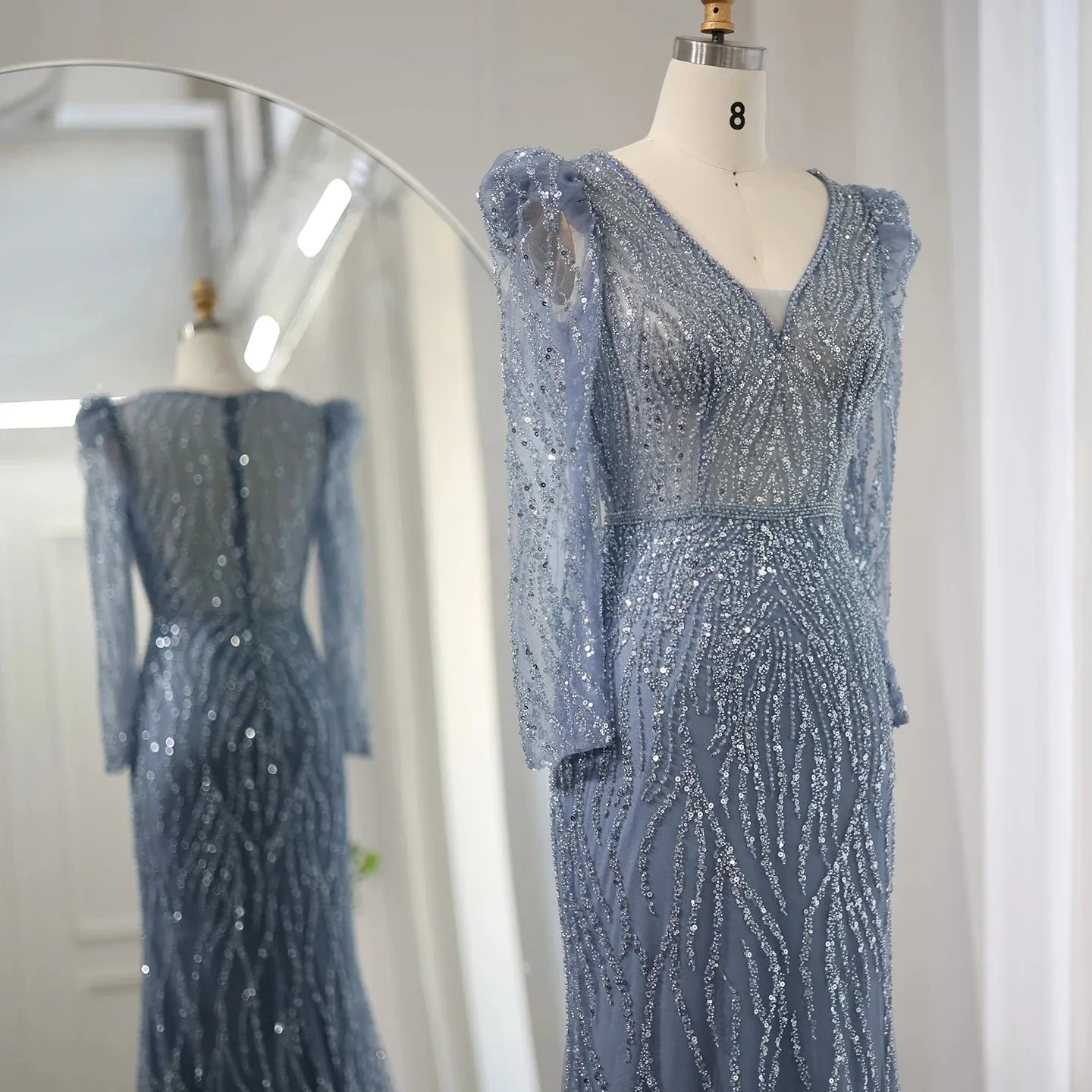 Luxury Long Sleeves Navy Blue Mermaid Evening Dress