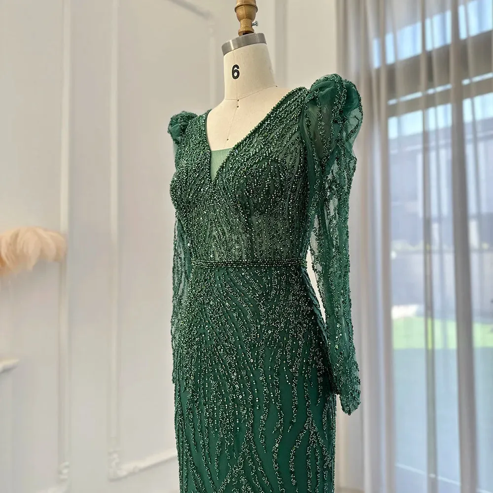 Luxury Long Sleeves Navy Blue Mermaid Evening Dress