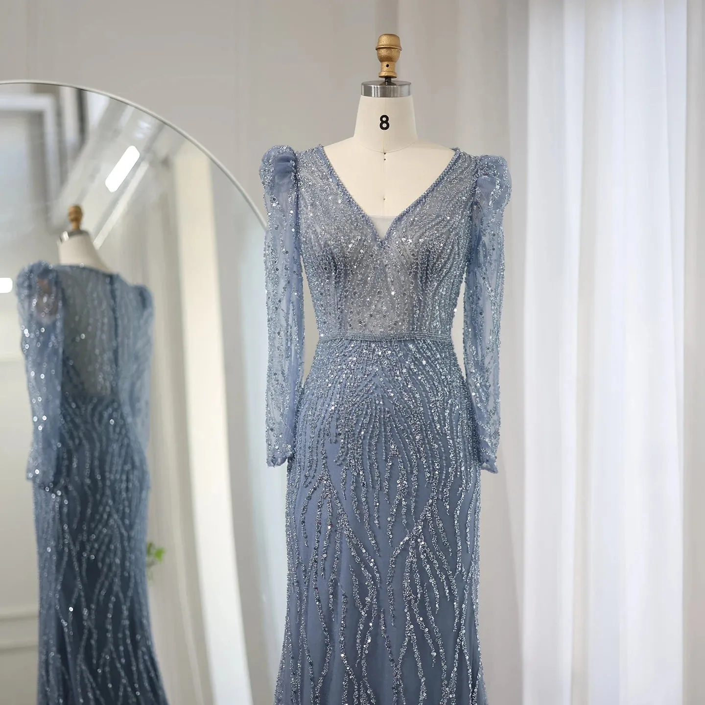 Luxury Long Sleeves Navy Blue Mermaid Evening Dress