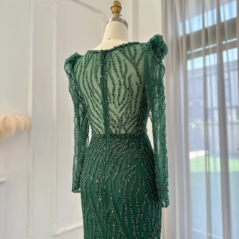 Luxury Long Sleeves Navy Blue Mermaid Evening Dress