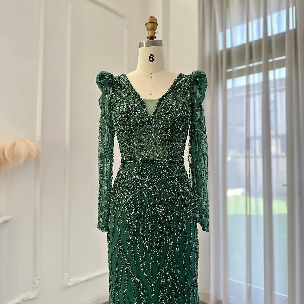 Luxury Long Sleeves Navy Blue Mermaid Evening Dress